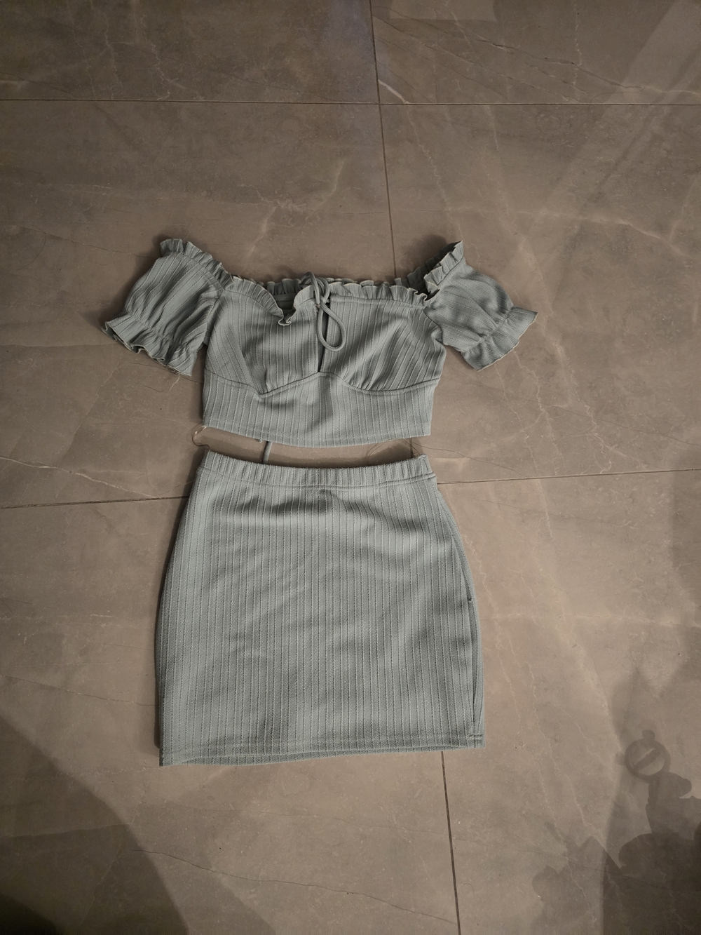 Fashion Nova Sage Green Ribbed Off-Shoulder Skirt Set